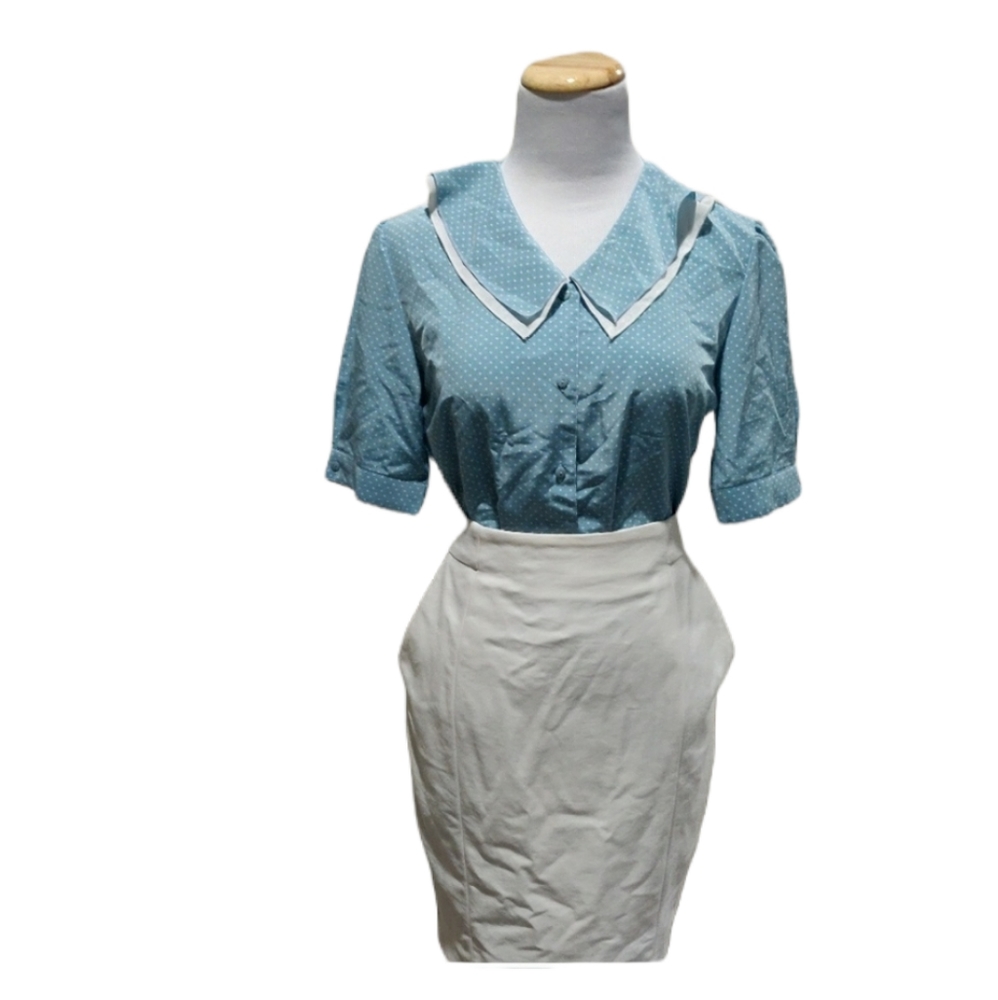 Set of Vintage blue polka dot blouse and skirt